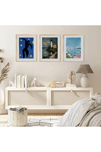KOLAJTASARIM Dancer Figure, Lighthouse and Coastal Flowers Natural Wood Frame...