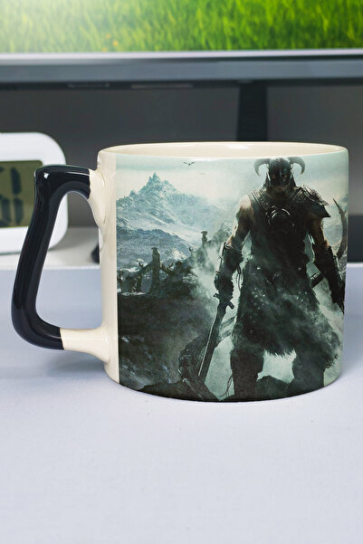 ZipZap كوب سيراميك فاخر مطبوع عليه Skyrim (قطعة واحدة) بمقبض أسود خاص V1D
