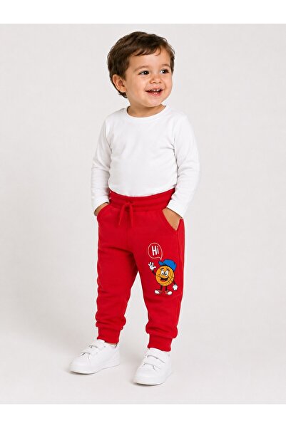 Atabay Kids Atabay 8806-26 Baby Boy Red Printed Sweatpants Cotton Pocketed Tr...