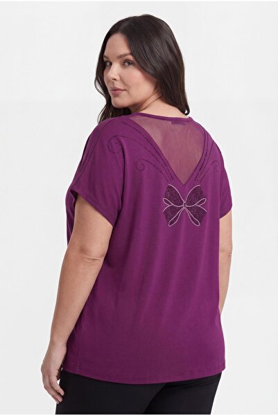 Ebsumu Women's Plus Size Purple Blouse with Tulle Detail on the Back and Stones