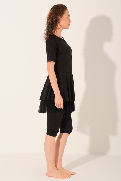 ALFASA Zippered Half-Closed Hijab Swimsuit, Half-Sleeve Half-Closed Swimsuit with Tulle Flared Skirt