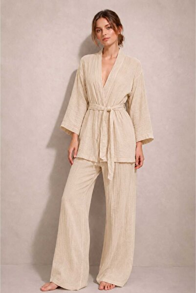 estewoman Set de 2 piese kimono și pantaloni din muselină 100% bumbac