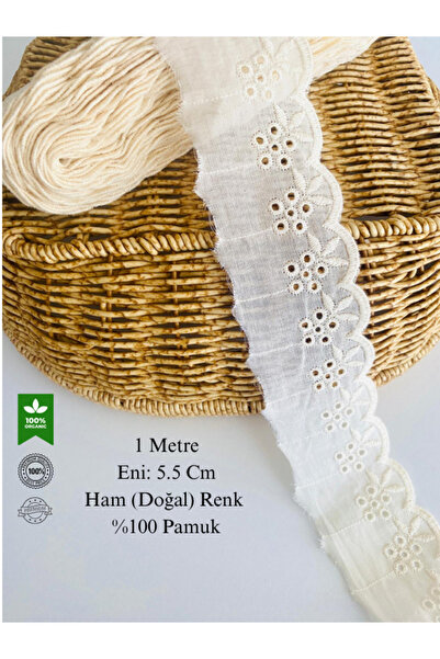 seyranat 1 Metre, Eni 5.5 Cm, Ham Doğal Renk Kaliteli Pamuklu Çiçek Desenli F...
