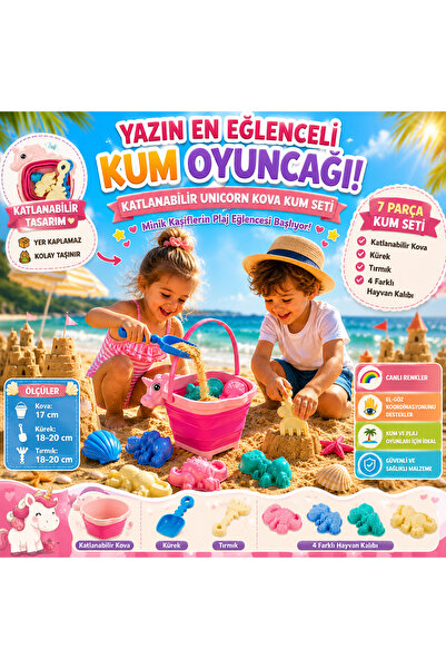 Cici Oyuncak Unicorn Katlanabilir Kum Kovası Seti 7 Parça Plaj Kum ve Deniz O...
