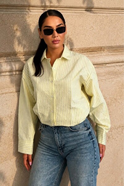 Madmext Yellow Striped Oversize Women's Shirt Mg2732