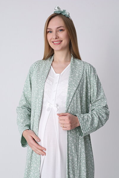 Lohussa New Season Green Ecru Shawl Collar Short Sleeve Patterned Design Summ...