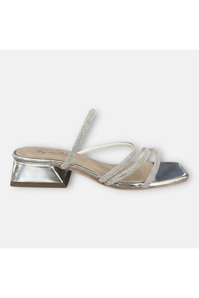Hayati Arman Women's Stone Cord Detailed Blunt Toe Evening Dress Slippers Silver