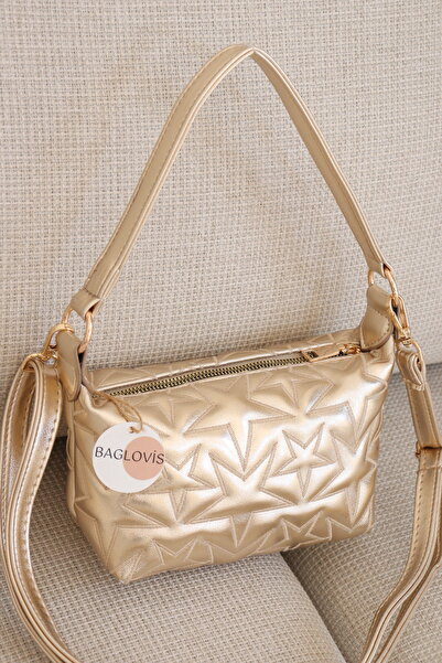 BAGLOVİS Women's Shiny Textured Shoulder Bag Star Patterned Mini Baguette Han...
