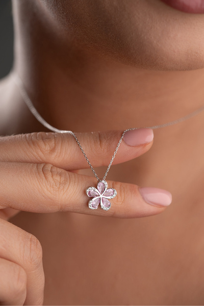Silvano Jewelry 925 Ayar Gümüş Pembe Kuvars Çiçek Kolye