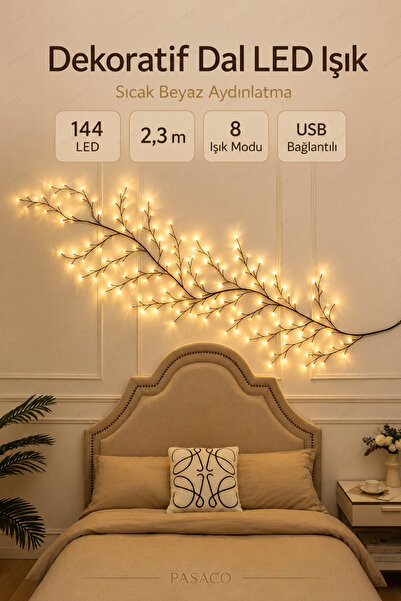 PASACO Dekoratif Dal LED Işık 144 LED USB Kumandalı 8 Modlu Gün Işığı Duvar O...