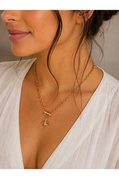 Belasso Steel Gold Color Zircon Stone Star Figured t Lock Model Women's Necklace