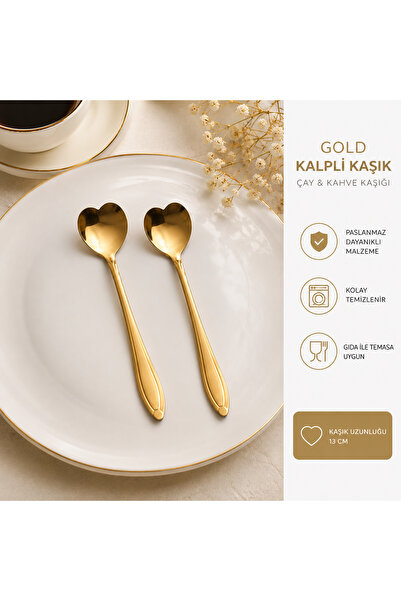 evessa 6'lı Gold Kalpli Çay ve Kahve Kaşığı Paslanmaz Çelik Sunum Seti