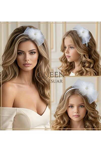 QUEEN AKSESUAR White Layered Tulle Bow Plush Feathered Stone Crown Women's Ch...