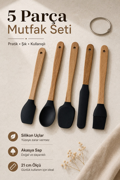 Ev Modu Home 5 Parça Mini Silikon Mutfak Gereçleri Seti Akasya Saplı Servis v...