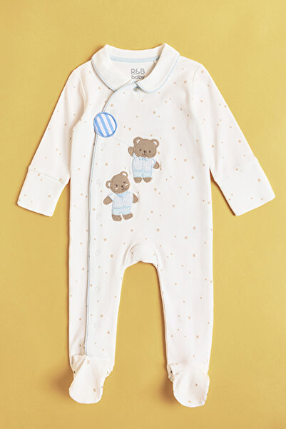 R&B Embroidered Footed Sleepsuit with Collar and Long Sleeves