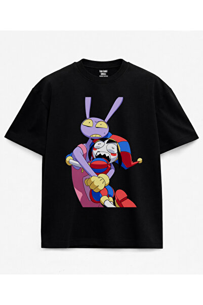 kun inaki Pomni Ve Jax The Amazing Digital Circus Baskılı Siyah Unisex Tişört