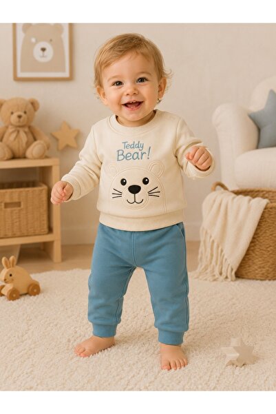 Pure Boutique Costum bebe baiat 2 piese gri bleu din bumbac cu ursulet teddy ...