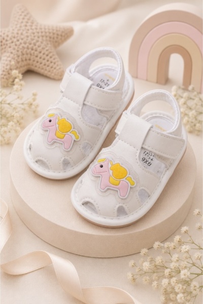 Superbaby White sandals with peepers - Ponies
