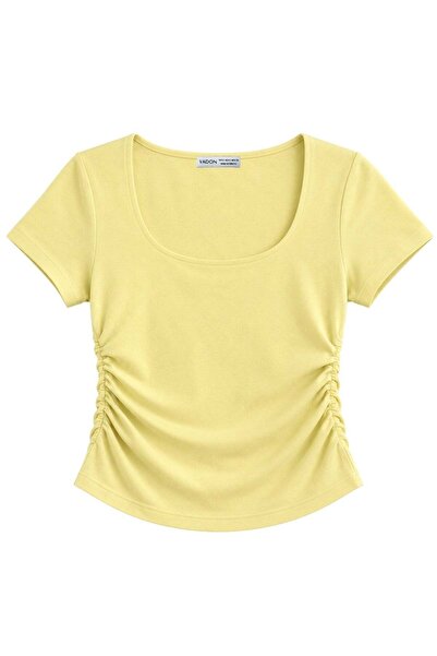 Vadon 1006 Kadın Pamuklu Kare Yaka Yan Büzgü Detaylı Basic Crop T-Shirt Bluz ...