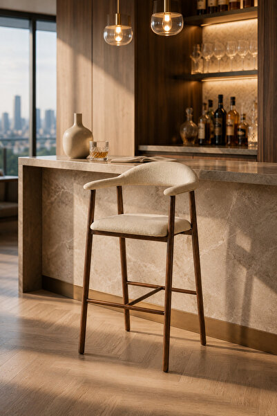 MARIA HOMES Modern Scandinavian Beige Upholstered Bar Stool with Dark Wood Le...