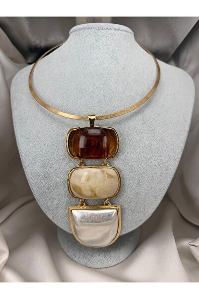 ZS Aksesuar Gold Color Geometric Resin Stone Detailed Collar Necklace Big End...