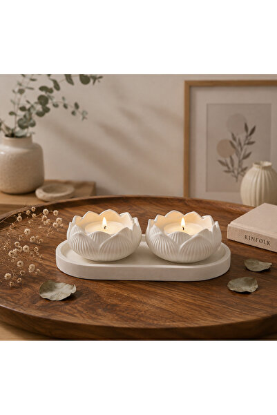 Aksesuar Kuşu Tepsili 2’li Lotus Mumluk Seti Tealight Mumluk Dekoratif Masa O...
