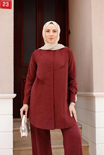 DEFNECE BUTİK İpek Ten.Sel Trouser Suit - Claret Red
