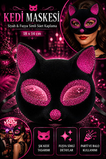 Tamsena Store Siyah Fuşya Simli Kedi Maskesi Süet Kaplama Maskeli Balo Parti ...