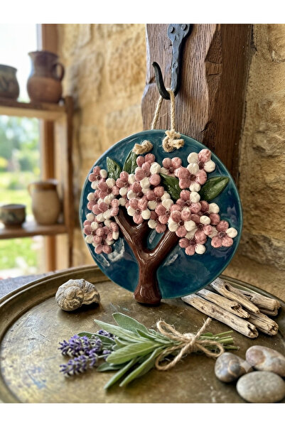 Ahşap Evi El Yapımı Seramik Çiçek Ağacı Duvar Süsü 19 Cm-Dekoratif Şans Ve Ko...