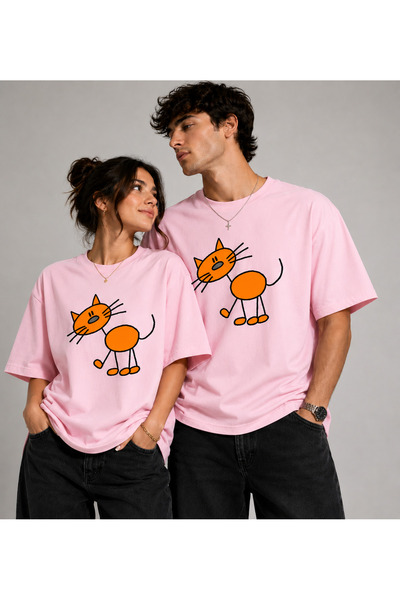 VODEXA Unisex Oversize T-Shirt Orange Cat Printed 100% Cotton T-Shirt Comfort...