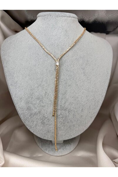 ZS Aksesuar Gold Color Zircon Stone Y Necklace with Long Pendant Elegant Wome...