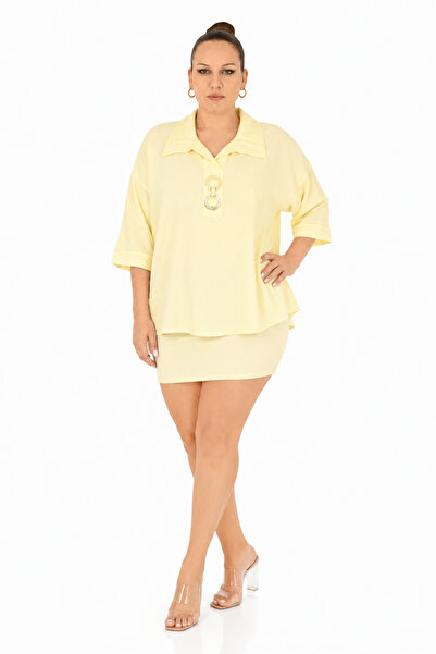 MAYA LONGA Plus Size Polo Collar Accessory Detailed Capri Sleeve Loose Fit Wo...