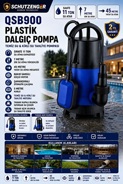 SCHUTZENGER QSB 900W SU MOTORU DALGIÇ POMPASI ŞAMANDRALI OTOMATİKTİR 5mm KADA...