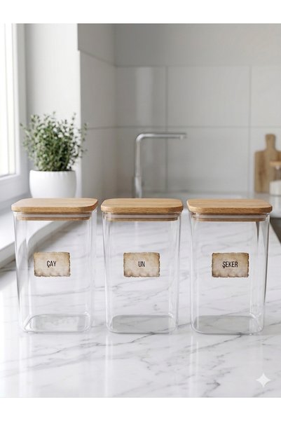 Dia Set of 3 Acrylic Jars with Wooden Lids, Large Size Food Storage Container with Labels, 2900 ml