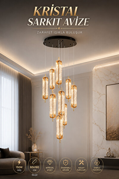 Elvora Home Modern (PREMİUM) Kristal Silindir Sarkıt Avize Gold Siyah Kasa Lü...