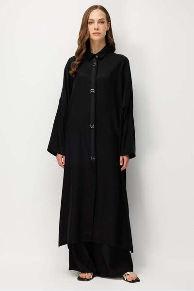 Micca %100 LyoCell Özel Detay Garnili Maxi Tunik Kap-Siyah