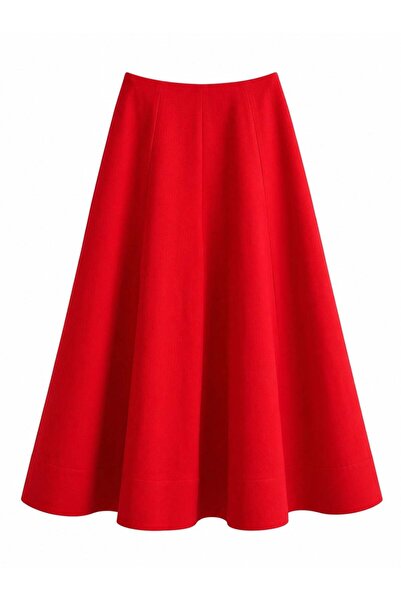 Jusenmia Poplin Pocketed Flared Skirt Red
