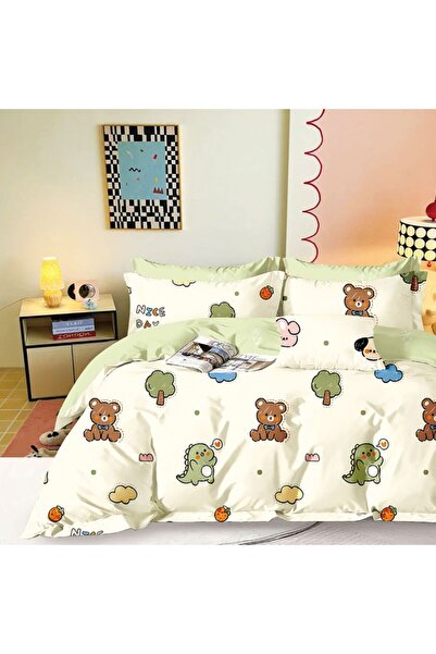 Pucioasa Lenjerie de pat 1 persoana percale copii cu ursuleti si dinozauri, b...