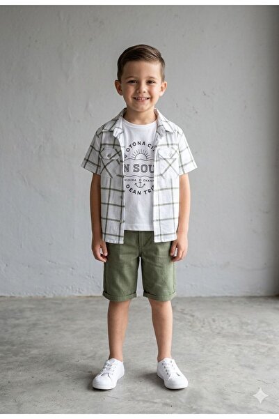 SÜSLÜ KİDS Boys' Plaid Striped Luxury/Stylish Shirt/T-Shirt/Shorts Set
