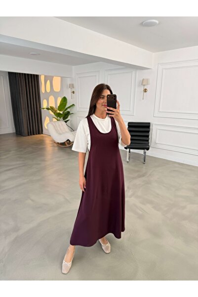 Elif Özbey Butik Mürdüm Tshirt Detaylı Salaş İkili Elbise Takım