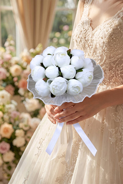 Yapay Çiçek Deposu Infinity Tomur Peony Bridal Bouquet Set of 2 with Pearls a...