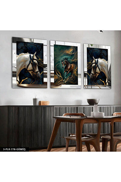 Evinemoda Gold Detailed Horses 3 Piece Plexiglass Mirrored Table