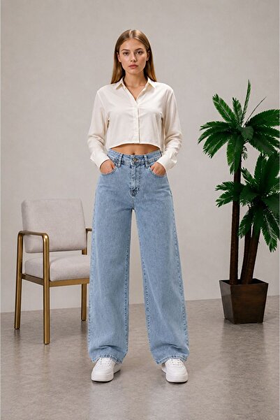 Rosita Jeans Kadın Yüksek Bel Full Likralı Geniş Paça Açık Mavi Kar Yıkama Jean