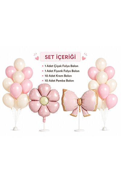 Dizayn Parti Evi Çiçek ve Fiyonk Folyo Balon Seti | Pembe Krem Doğum Günü Bal...