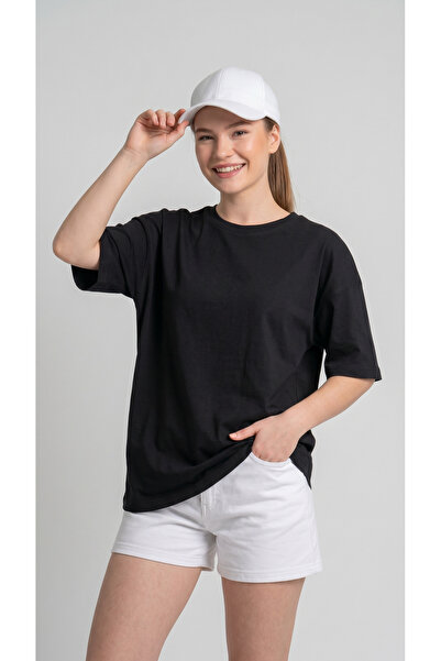 BADESSA Kadın Siyah Oversize Bisiklet Yaka Rahat Kalıp Relaxed T-shirt