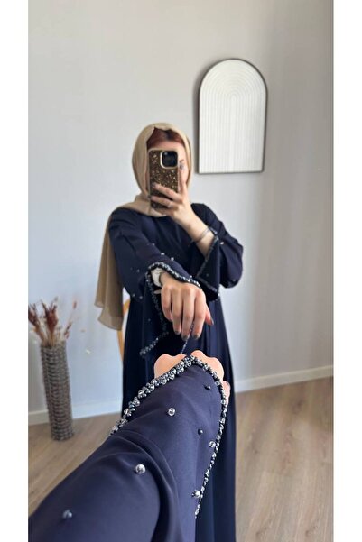 Abaya-AB Premium Dubai Kumaşı El İşlemesi Boncuklu İkili Abaya Elbise Takımı