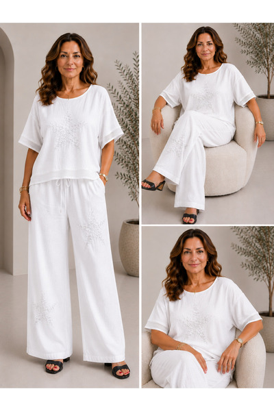 MENSAR OTANTİK Star Embroidered Linen Pants Suit