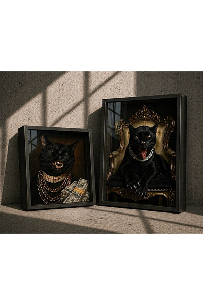 Noirframe® Luxury Black Panther MDF Shadow Box Tablo Seti 30x30 & 40x50 cm Camlı Premium Duvar Dekoru