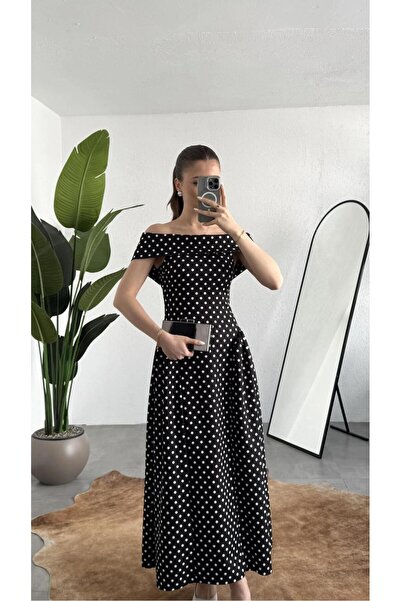 Lila Moda Kadın Kayık Yaka Puantiyeli Midi Elbise – Omuz Dekolteli, Bel Otura...