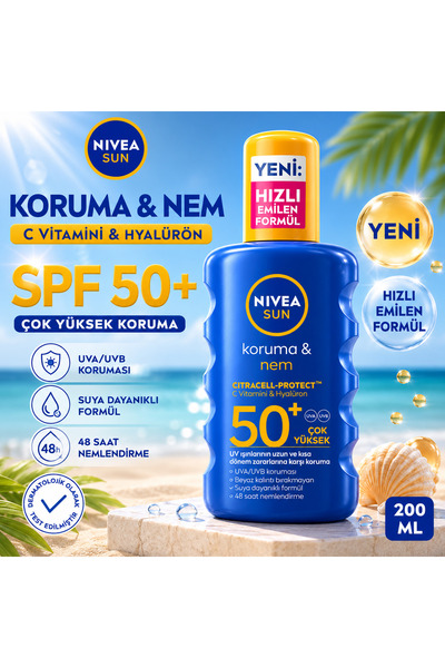 Nivea Sun Koruma & Nem SPF 50+ Güneş Kremi 200 ml | C Vitamini & Hyalüron | S...